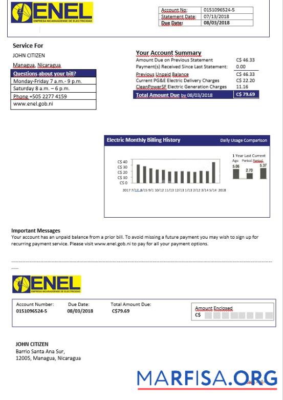 Blank Nicaragua Nicaraguan Electricity Company ENEL electricity bill template in Word format